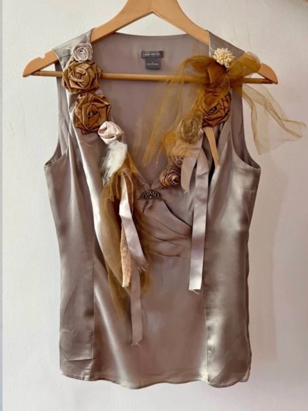 Handmade Upcycled Silk Blouse with Floral Appliqués and ribbon details